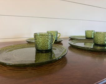 Vintage Soreno Avocado Green Snack Plate and Cup Set • Anchor Hocking Textured Glass