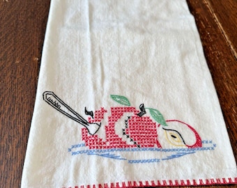 Vintage Hand Embroidered Tea Towel Cross Stitch Apple Pattern Cottagecore