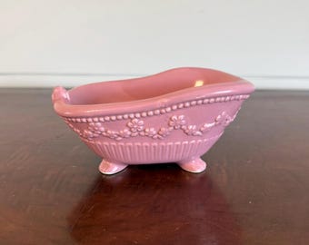 Vintage Pink Clawfoot Tub Soap Dish • Ceramic Bathtub Planter • Floral Embossed Bathroom Decor • Retro Kitsch Vanity Dish