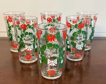 Vintage Hazel Atlas Christmas Glasses • Mid Century Holiday Tumblers • Merry Christmas & Happy New Year • MCM Poinsettia Drinking Glasses