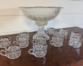 Vintage McKee Concord Punch Bowl Set • EAPG Pressed Glass, Cups Included