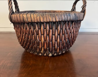 Vintage Woven Basket with Twisted Handles • Rustic Boho Storage Basket • French Provincial