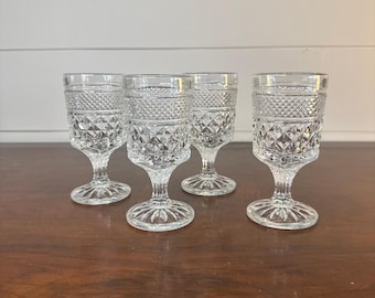 Vintage Anchor Hocking Wexford Goblets (4) • MCM Clear Pressed Glass Water or Wine Glasses •  Diamond Pattern • Bar Cart Decor • Beautiful