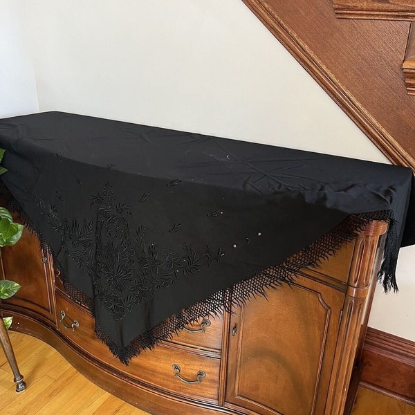 Antique Victorian Black Piano Shawl Embroidered With Fringe Edge Large 63x66