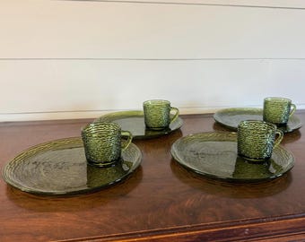 Vintage Soreno Avocado Green Snack Plate & Cup Set • Set of 4 • Anchor Hocking Textured Glass • Mid Century Modern Green Glass Snack Set