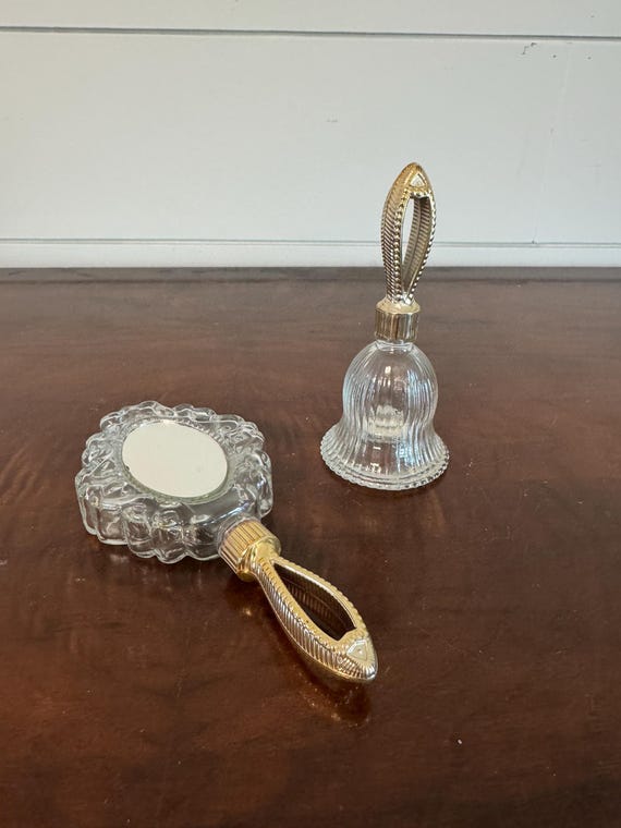 Vintage Avon Perfume Bottles • Glass Vanity Mirror & Bell Bottle Set • Hollywood Regency Decor • 1970s Avon Collectibles • Boudoir Vanity
