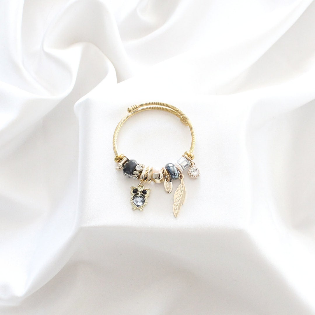 Black Owl Charm Stainless Steel Gold Pandora Bracelet Black Etsy