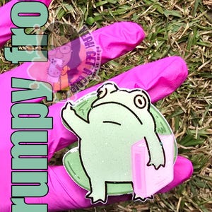 May include: A light green glittery frog sticker with a pink book. The sticker is held by a person wearing pink gloves. The words "Grumpy Frog" are printed vertically on the left side of the image.