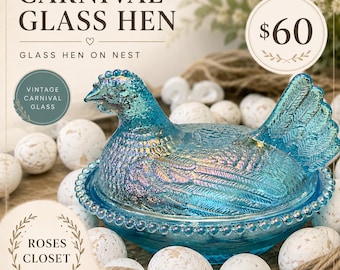 Carnival Glass Hen on Nest Dish – Iridescent Blue Farmhouse Chicken Candy Dish – Rustic Cottage Kitchen Decor – Collectible Glass Hen