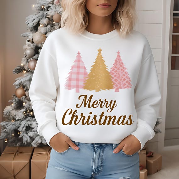Pink & Gold Christmas Trees – “Merry Christmas” PNG