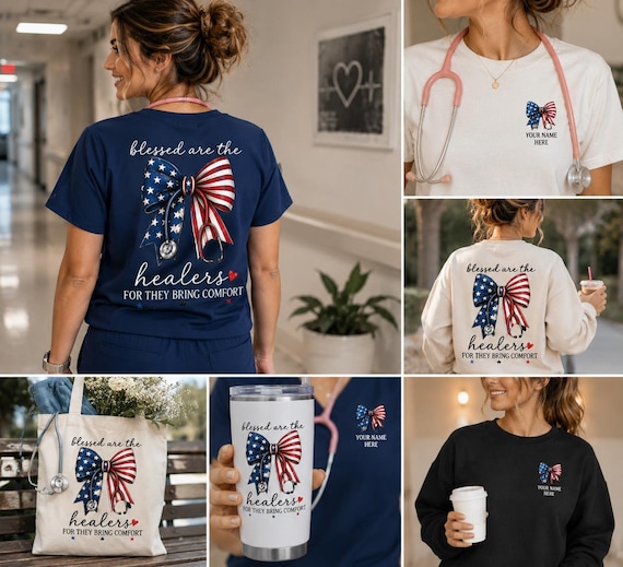Patriotic Nurse Png Shirt Design Rn Sublimation Healthcare Graphic Blessed Healer American Flag Medical Professional Bow Stethoscope Instant
