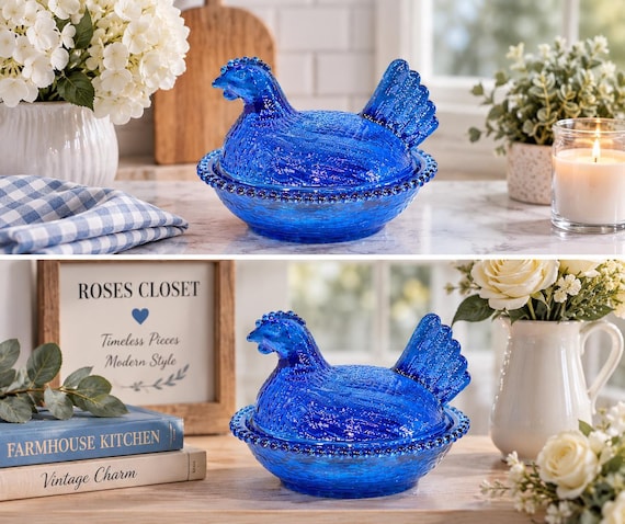 Vintage Hen on Nest Carnival Glass Iridescent Chicken Dish Collectible Farmhouse Decor Country Kitchen Display Piece Cottagecore Styling