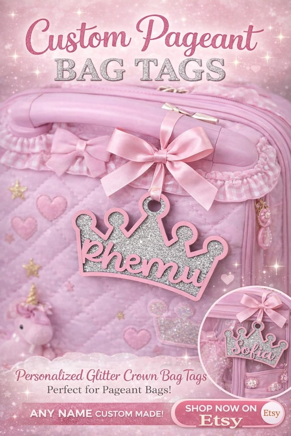Personalized glitter crown pageant bag tag