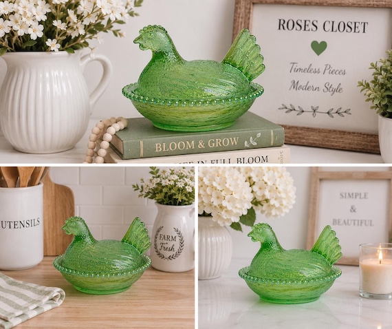 Vintage theme Hen on Nest Carnival Glass Farmhouse Decor Iridescent Chicken Figurine Collectible Dish Amber Shimmer Cottage Home Kitchen