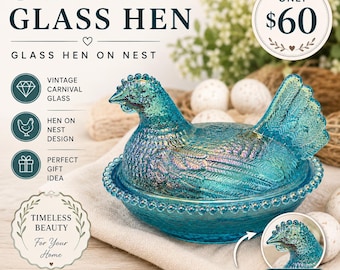 Carnival Glass Hen on Nest Dish – Iridescent Blue Farmhouse Chicken Candy Dish – Rustic Cottage Kitchen Decor – Collectible Glass Hen