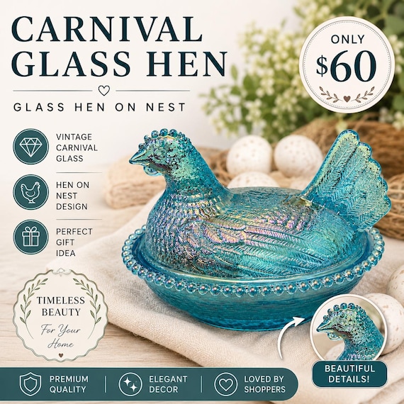 Carnival Glass Hen on Nest Dish – Iridescent Blue Farmhouse Chicken Candy Dish – Rustic Cottage Kitchen Decor – Collectible Glass Hen