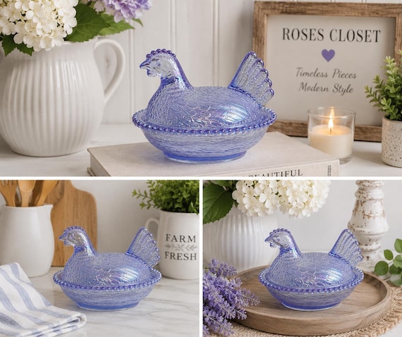 Vintage Hen Nest Carnival Glass Iridescent Dish Farmhouse Decor Cottagecore Table Kitchen Accent Vintage Glass Amber Shimmer Chicken