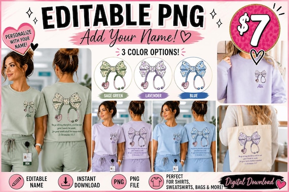 Personalized Nurse PNG Bundle | Editable Name Nurse Shirt PNG | Bible Verse Nurse Gift | Instant Download