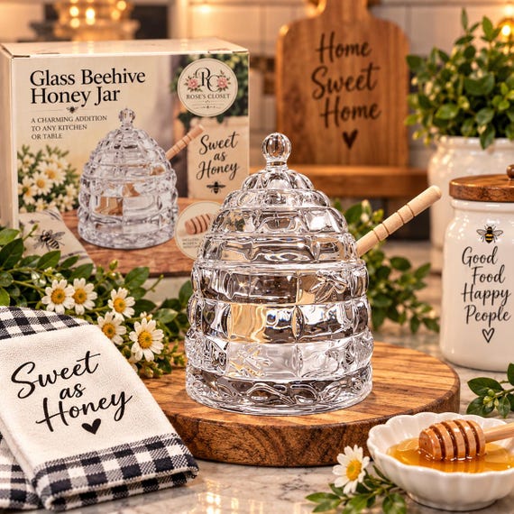 Glass beehive honey jar with wooden dipper