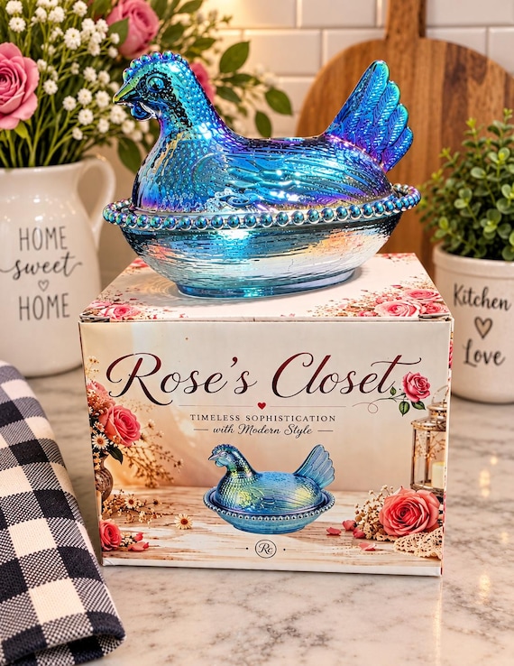 Iridescent Glass Hen on Nest Covered Dish, Carnival Style Chicken Candy Dish, Vintage Inspired Farmhouse Kitchen Decor, Collectible Hen