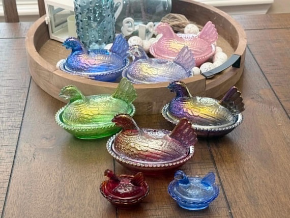 Carnival Glass Hen on Nest Container Lid Treasure Keeper Kitchen Shelf Farmhouse Decor Vintage Style Iridescent Figurine Collectible Home