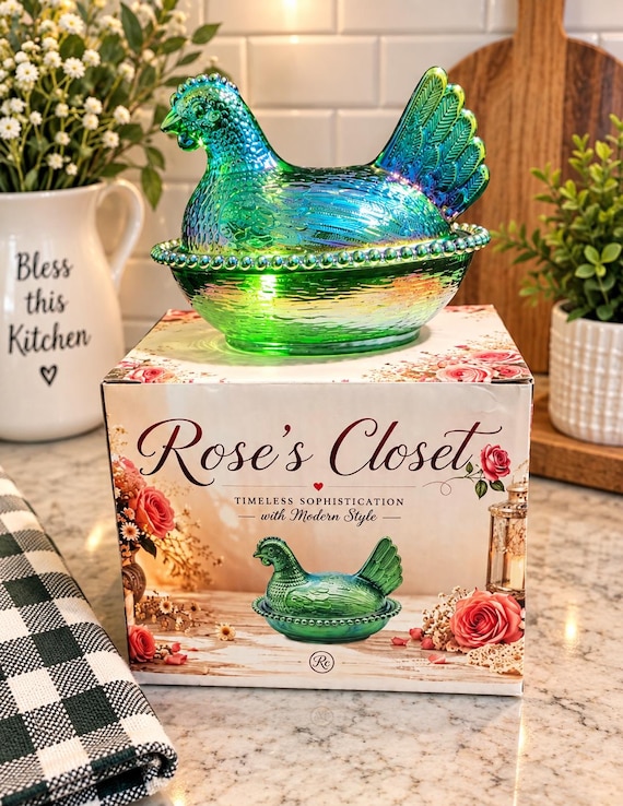 Iridescent Glass Hen on Nest Covered Dish, Carnival Style Chicken Candy Dish, Vintage Inspired Farmhouse Kitchen Decor, Collectible Hen