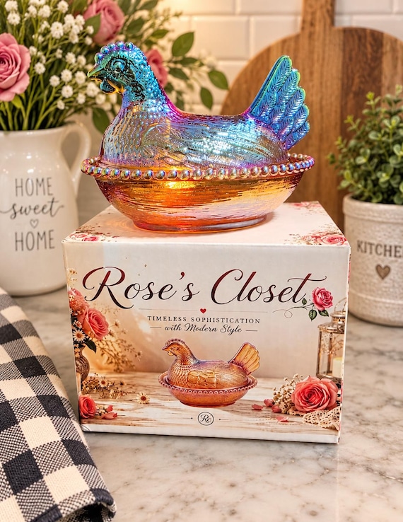 Iridescent Glass Hen on Nest Covered Dish, Carnival Style Chicken Candy Dish, Vintage Inspired Farmhouse Kitchen Decor, Collectible Hen