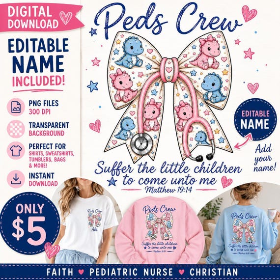 Peds Crew Png Dinosaur Nurse Sublimation Design Editable Name Graphic Pediatric Nurse Shirt Christian Medical Staff Gift Baby Nursery