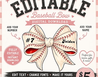 Editable Baseball Bow PNG | Custom Name & Number Bow | Softball Bow Design | Team Mom Shirt Design