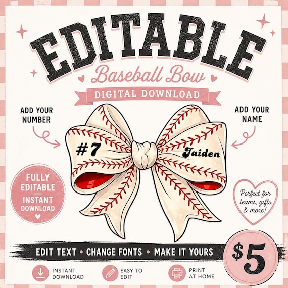 Editable Baseball Bow PNG | Custom Name & Number Bow | Softball Bow Design | Team Mom Shirt Design