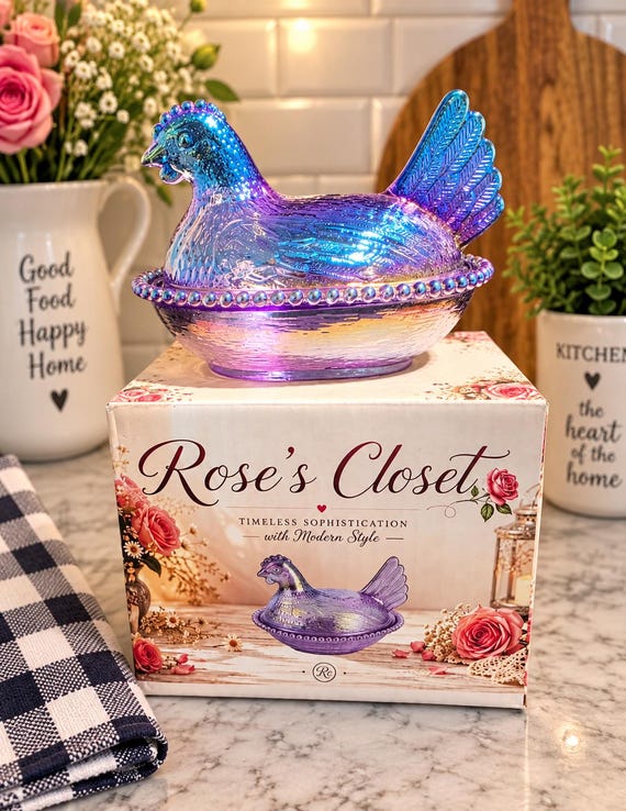 Iridescent Glass Hen on Nest Covered Dish, Carnival Style Chicken Candy Dish, Vintage Inspired Farmhouse Kitchen Decor, Collectible Hen
