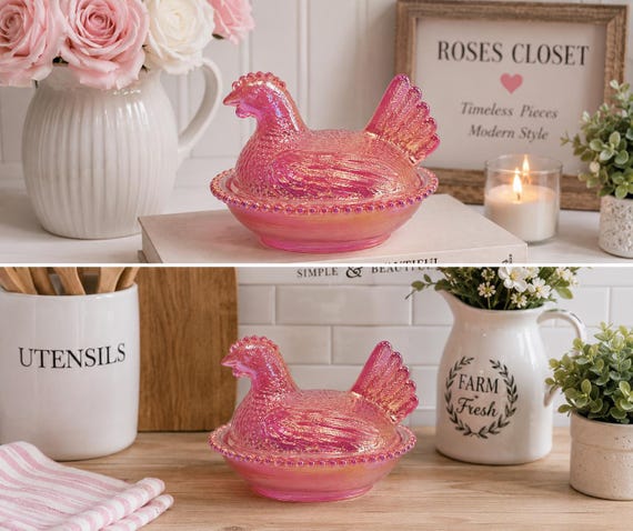 Hen on Nest Carnival Glass Iridescent Chicken Dish Farmhouse Decor Kitchen Display Collectible Bird Figurine Amber Pink Container