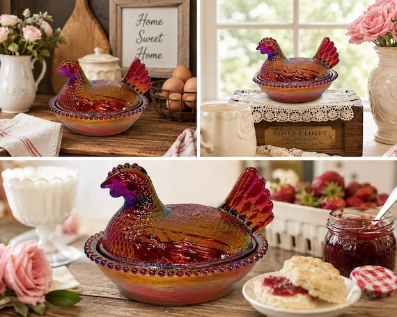 Vintage Hen Nest Dish Iridescent Carnival Glass Chicken Collectible Farmhouse Kitchen Display Amber Pink Figurine Cottagecore Shelf Accent