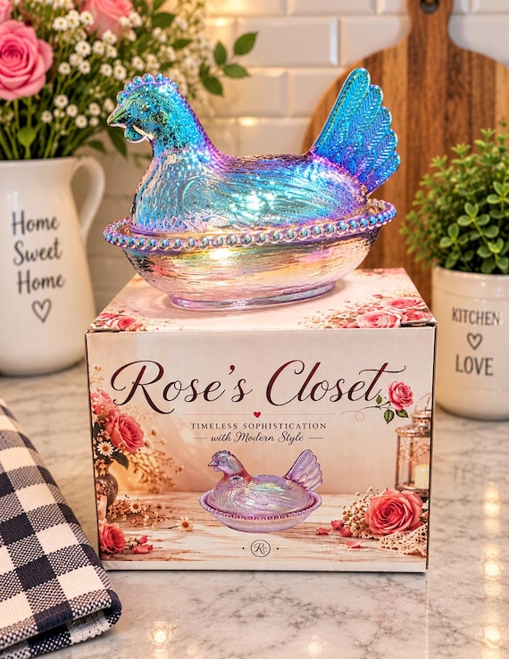 Iridescent Glass Hen on Nest Covered Dish, Carnival Style Chicken Candy Dish, Vintage Inspired Farmhouse Kitchen Decor, Collectible Hen