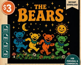Retro Bears SVG PNG | Celestial Dancing Bears Design | Vintage Hippie Bear Shirt Graphic | Cricut Laser File | Sun Moon Stars SVG Download