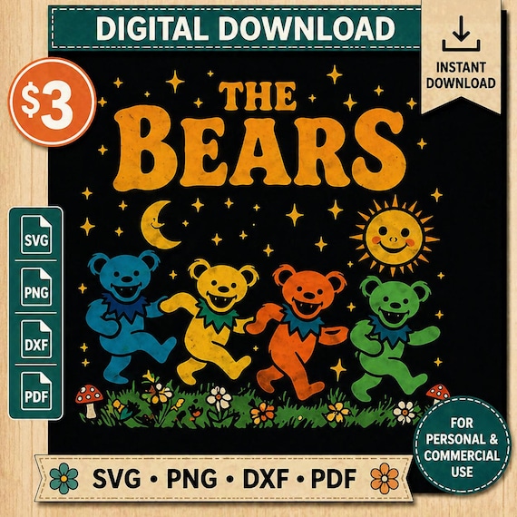 Retro Bears SVG PNG | Celestial Dancing Bears Design | Vintage Hippie Bear Shirt Graphic | Cricut Laser File | Sun Moon Stars SVG Download