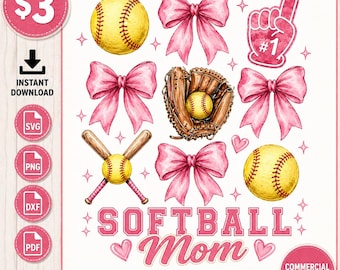 Softball Mom SVG PNG Bundle | Pink Bow Softball Design | Softball Mom Shirt Graphic | Cricut File | Sublimation Design | Instant Download