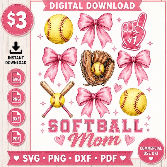 Softball Mom SVG PNG Bundle | Pink Bow Softball Design | Softball Mom Shirt Graphic | Cricut File | Sublimation Design | Instant Download
