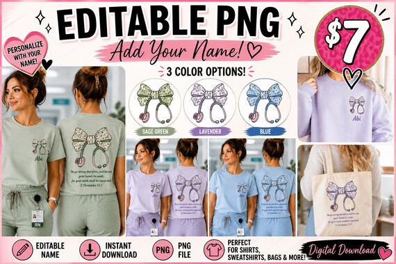 Nurse Png File Digital Download Sublimation Design Floral Nurse Shirt Design Stethoscope Bow Png Personalized Rn Graphic Healthcare Worker