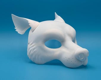 May include: A white, unpainted, plastic wolf mask with ears. The mask has a detailed snout and eye holes.