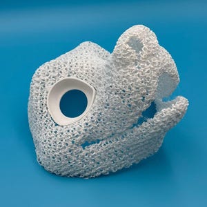 Op de afbeelding: Een wit 3D-geprint masker met een complexe, poreuze, webachtige roosterstructuur. Het masker bevat een gladde, solide, ovaalvormige oogkasopening aan de linkerkant en een open, grillig mondgedeelte aan de rechterkant van het frame.