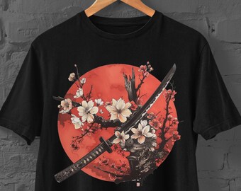 Japanisches Katana Shirt | Schwert Print Shirt | Harajuku | Y2K Top | Anime-Hemd | Japanische Streetwear | Kanji Print Shirt |Japanisches Schwert Shirt