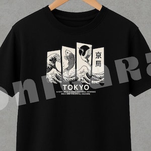Tokyo Graphic T-Shirt | Japanese Streetwear | Japanese Koi Fish Tshirt | Japan Crane Tshirt | Japan Animal Tshirt | Kaganawa Wave Tshirt