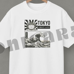 Japanisches Grafik-T-Shirt | Japanische Katze Tshirt | Kaganawa Welle Tshirt | Anime Merch | Tokyo Tshirt | Japanische Streetwear | Vintage Grafik
