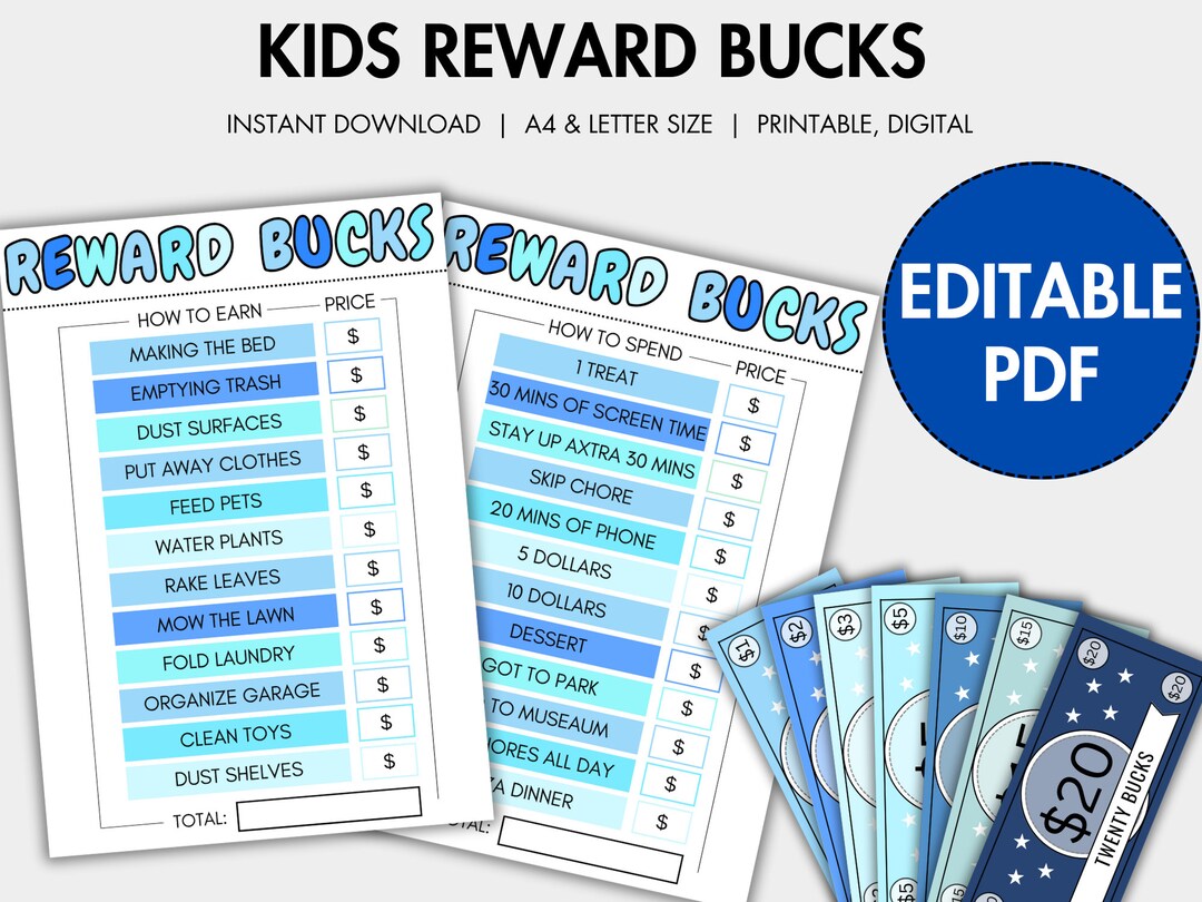 Printable Kids Reward Bucks With Chart Editable Kids Reward - Etsy