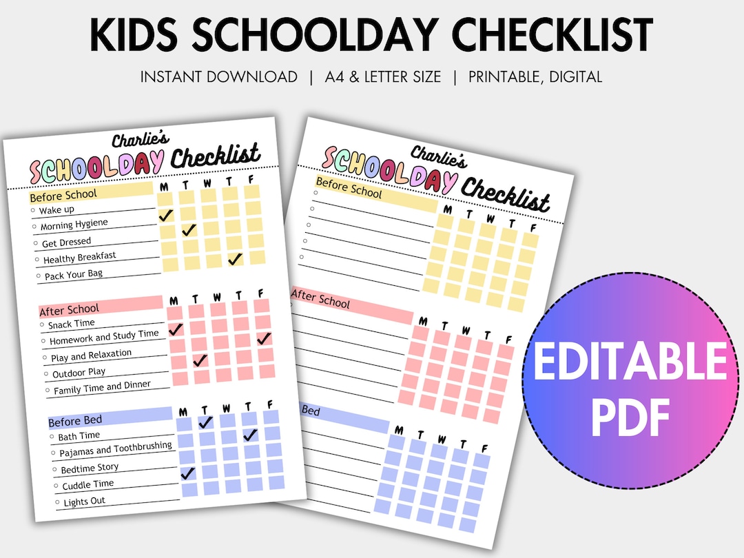 Printable Kids School Chart Checklist Editable Kids - Etsy