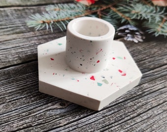 Terrazzo candlestick holder, retro style taper candle holder, white centerpiece, Xmas gift for her, advent candle holder, 70s vibe