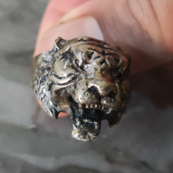 Bague ancienne ancienne en bronze du Proche-Orient avec lunette animal tigre, excellente bague unique