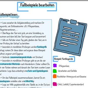 May include: A diagram with instructions on how to read and analyze a case study. The diagram includes a list of steps, such as reading the assignment, identifying keywords, and creating a mind map. The diagram also includes a color legend with four colors: purple, green, orange, and pink.