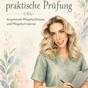 May include: A digital illustration of a person with blonde hair wearing a sage green scrub top, holding a clipboard and pen. The text reads: Lernzettel für die praktische Prüfung, Angehende Pflegefachfrauen und Pflegefachmänner, with floral accents.